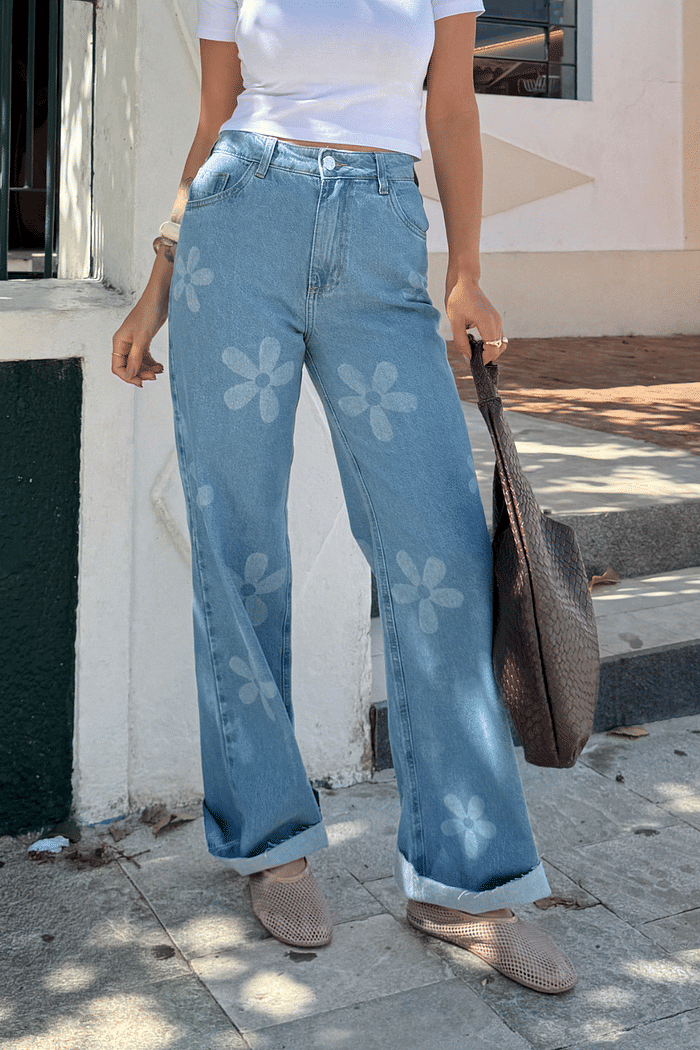 CALÇA JEANS WIDE LEG FLORA AZUL