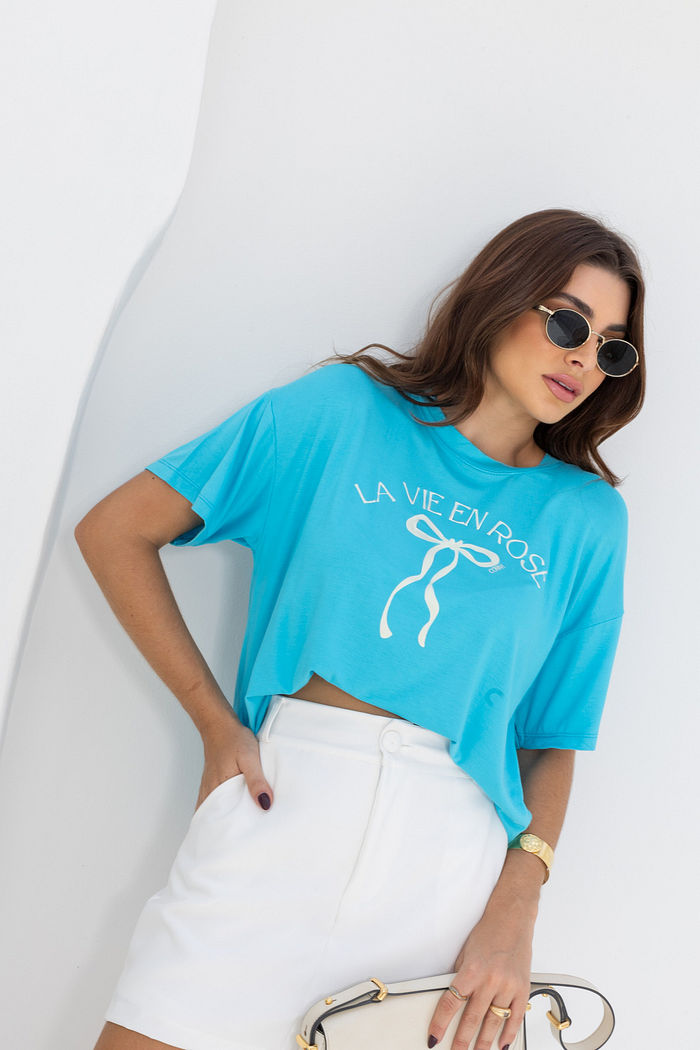 T-Shirt Oversized Feminina Viscolycra La Vie en Rose Azul