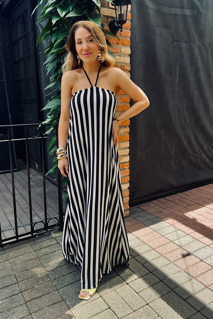 VESTIDO TOMARA QUE CAIA LISTRADO MIA PRETO E BRANCO