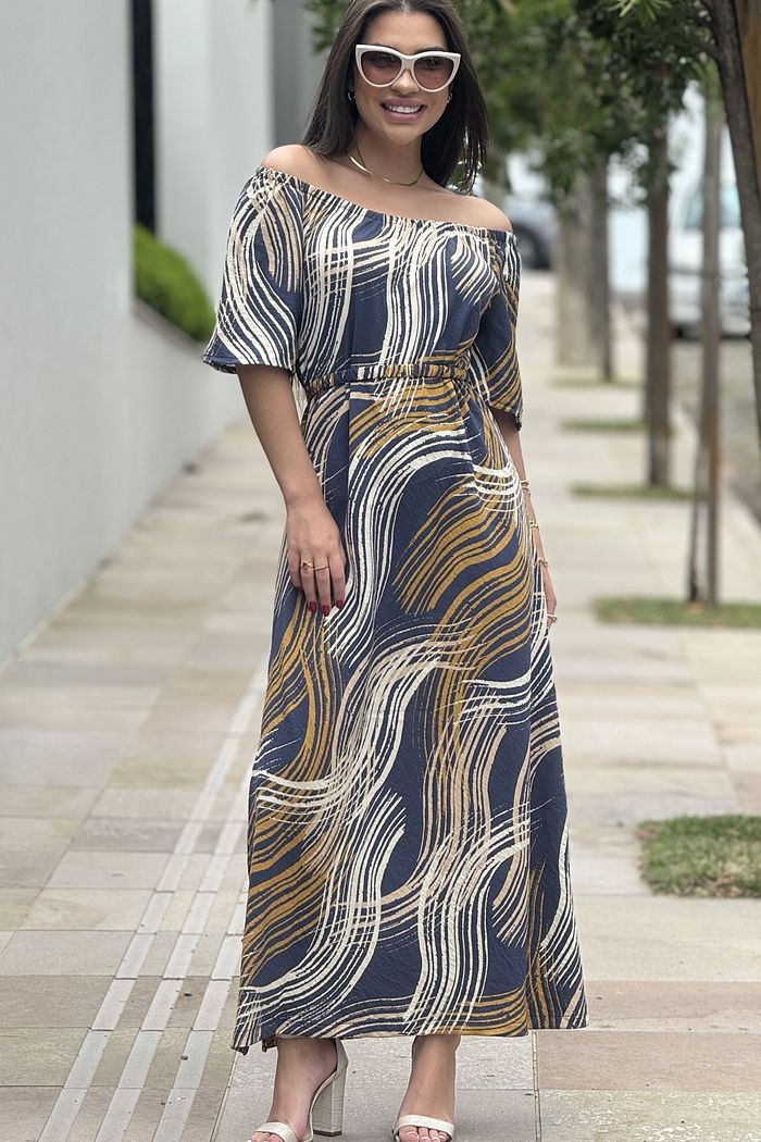 Vestido Letícia Ombro-Ombro Estampa Azul