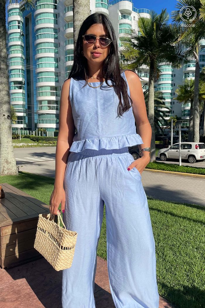 Conjunto Feminino Calca Blusa Savoi Viscose Azul Claro