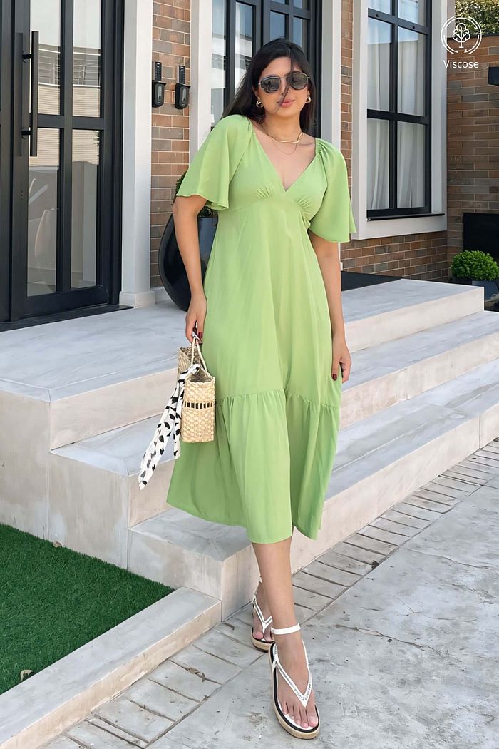 Vestido Midi Manga Curta Decote V Viscose Brisi Verde Claro