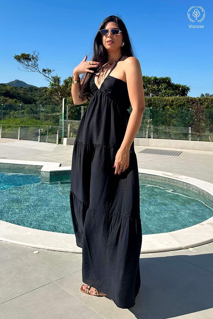 Vestido Longo de Alcas Decote V Viscose Solar Preto