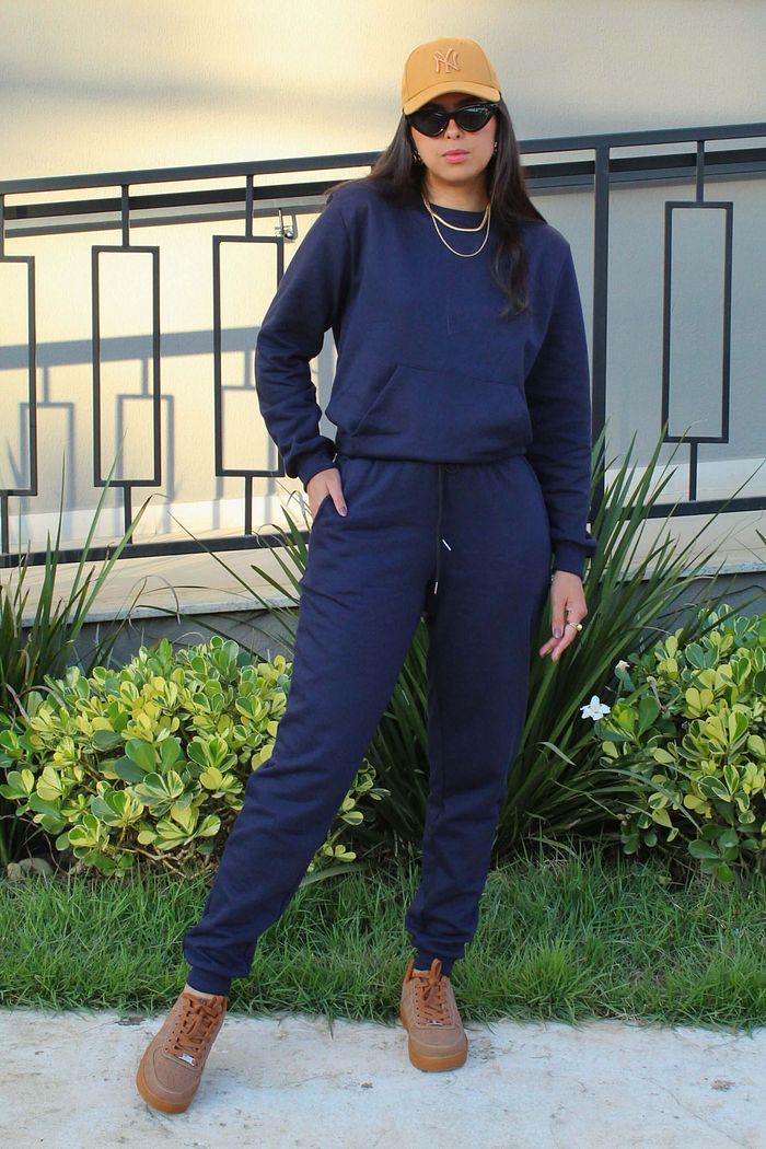 Conjunto Moletom Felpado Feminino Calca Jogger Blusa Manga Longa Soho Azul Marinho