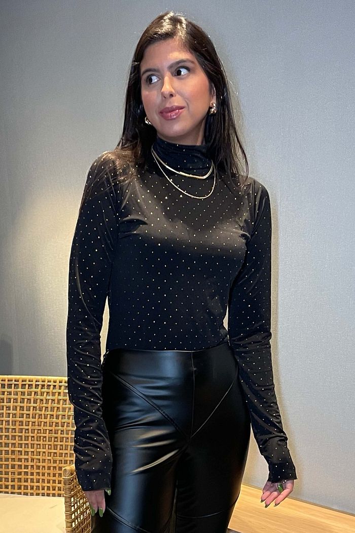 Blusa Feminina Manga Longa Brilho Golden Strass Preto