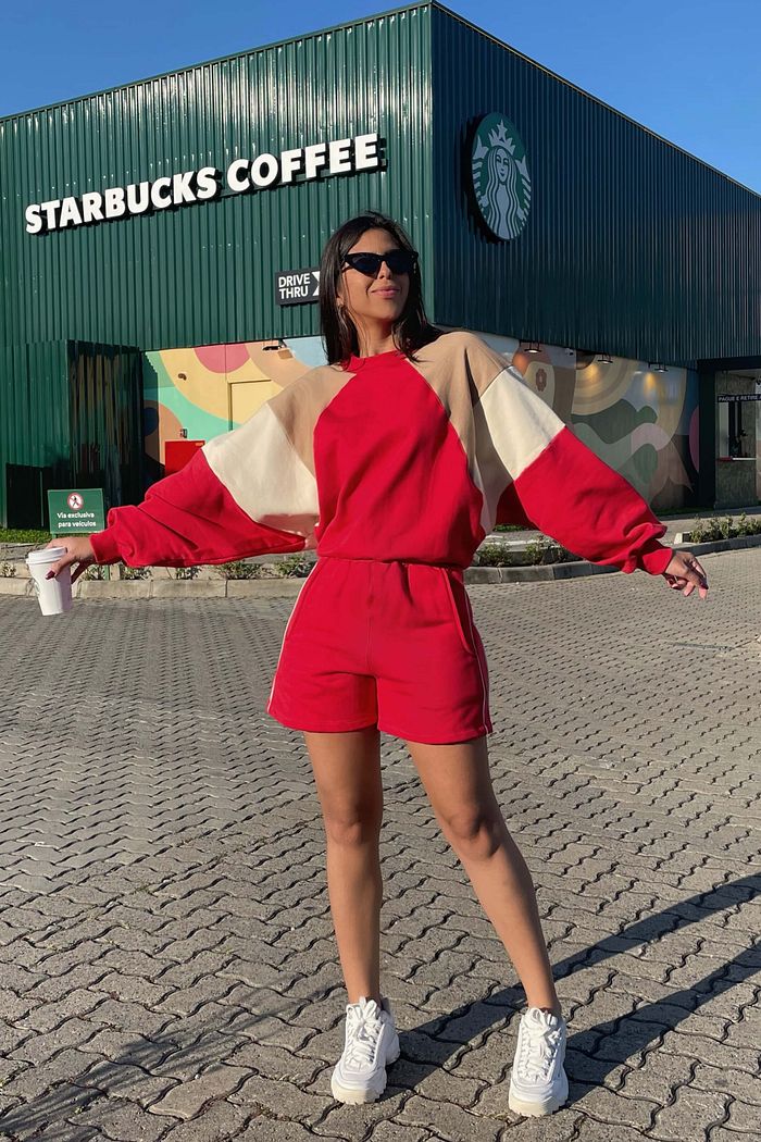 Conjunto Moletom Felpado Feminino Short Blusa Manga Longa Inverno Delta Vermelho