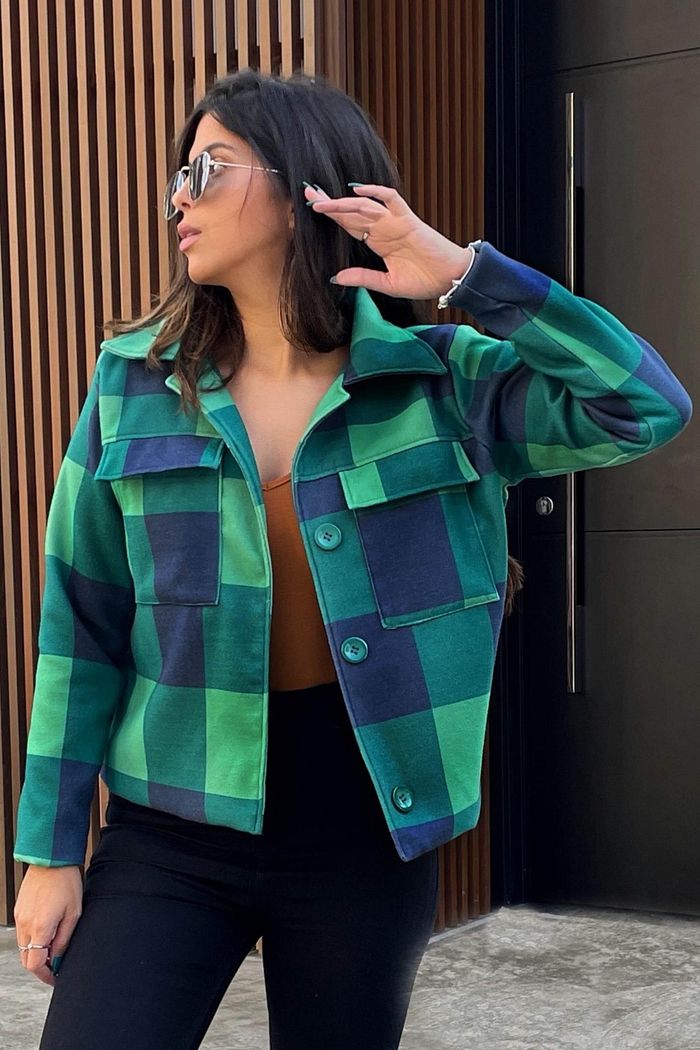 Casaco Feminino de Lã Batida Manga Longa Xadrez Zurique Verde