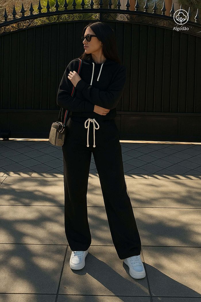 Conjunto Moletom Felpado Feminino Wood Capuz Wideleg Preto