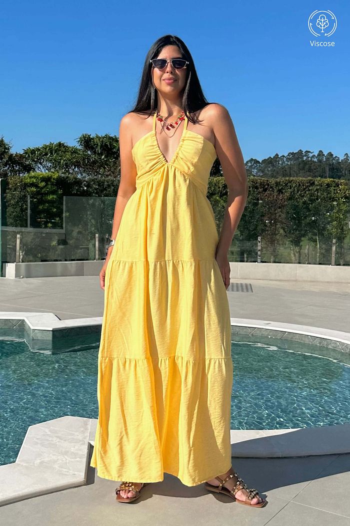 Vestido Longo de Alcas Decote V Viscose Solar Amarelo Claro