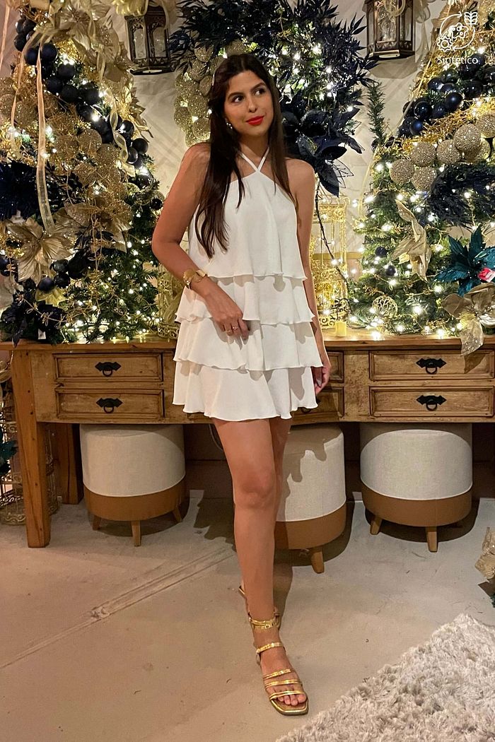 Vestido Curto Quatro Camadas Babado Ombros De Fora Alca Wave Off White