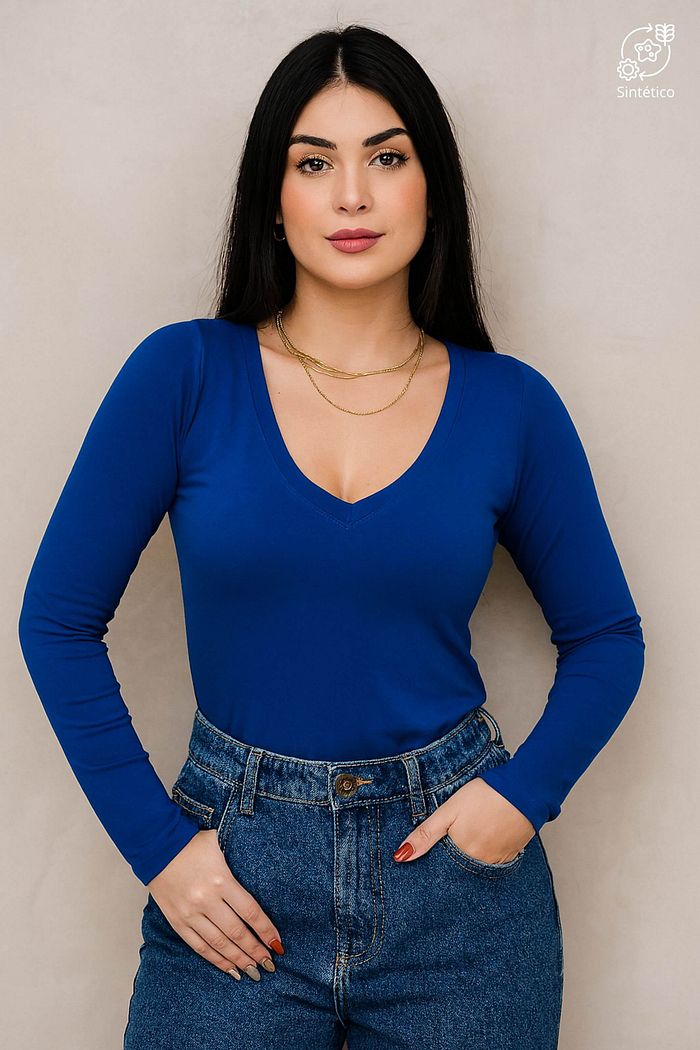 Blusa Feminino Gola V Essencial Manga Longa Fancy Azul Klein