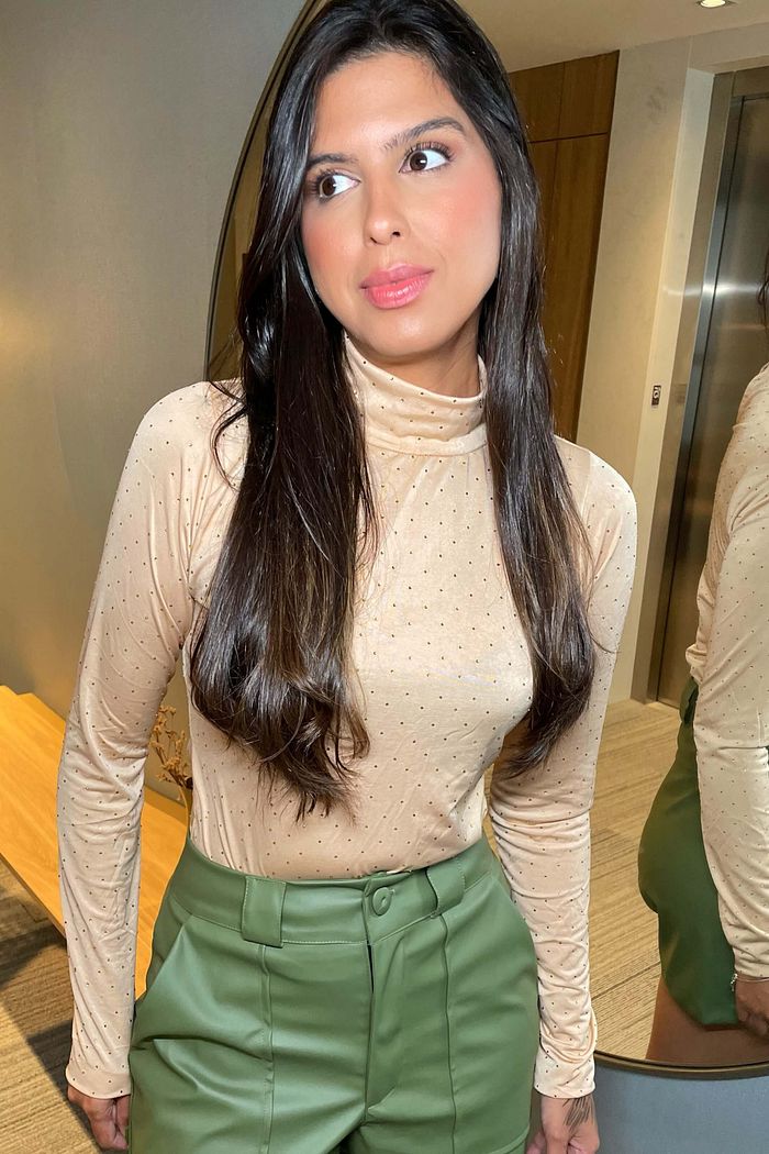 Blusa Feminina Manga Longa Brilho Golden Strass Salmon