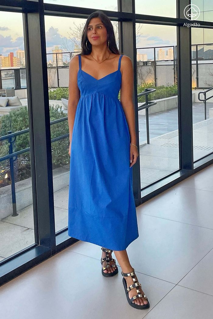 Vestido Midi De Alças Tricoline Algodão Celina Azul Klein