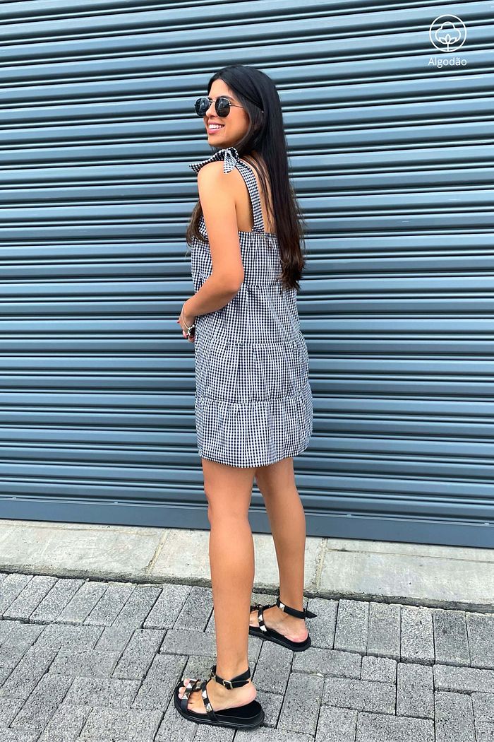 Vestido Curto De Alça Guipir Tricoline Algodão Babi Vichy Preto