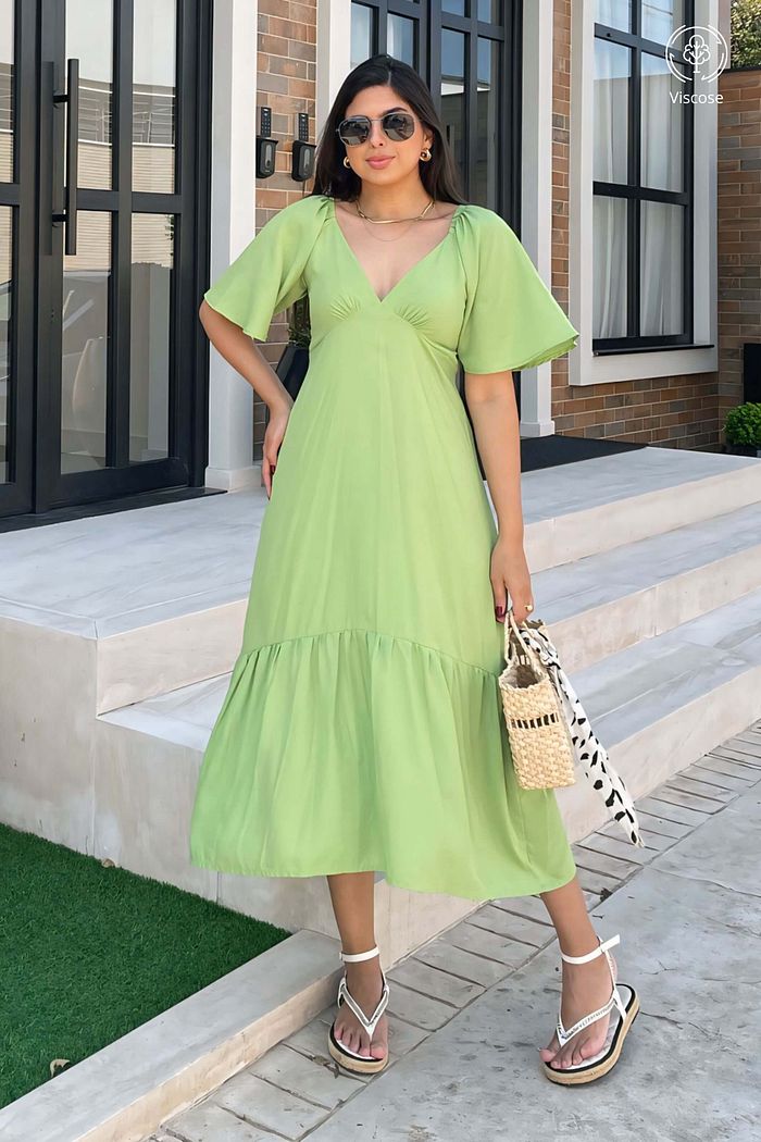 Vestido Midi Manga Curta Decote V Viscose Brisi Verde Claro