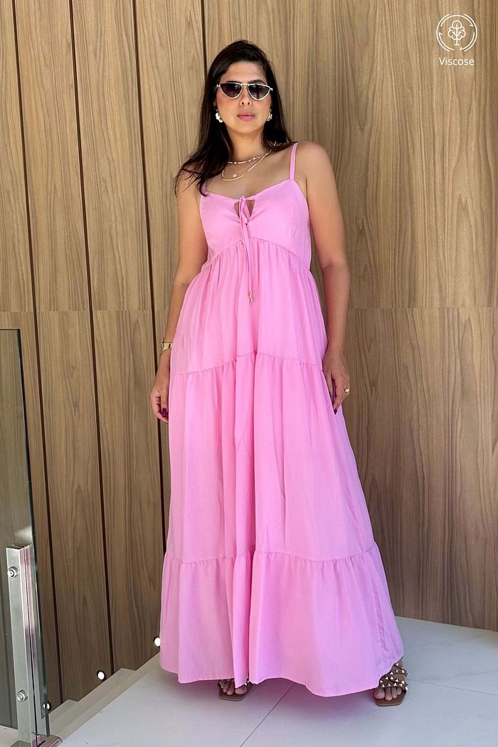 Vestido Longo de Alcas Viscose Luminar Rosa Claro