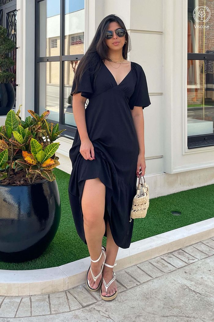 Vestido Midi Manga Curta Decote V Viscose Brisi Preto