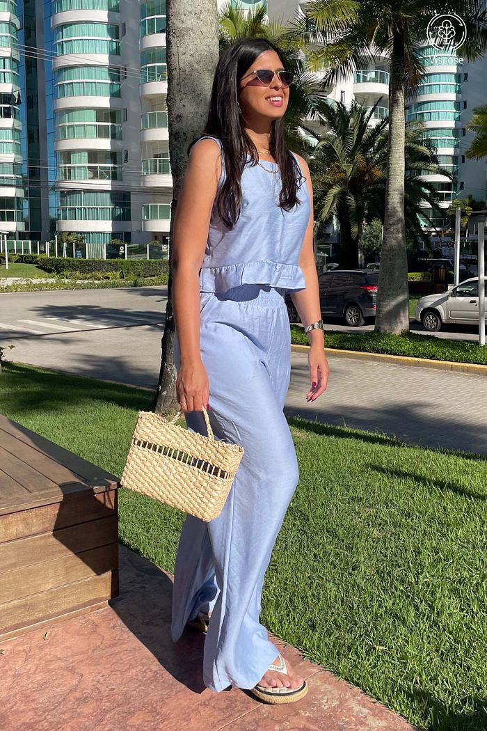 Conjunto Feminino Calca Blusa Savoi Viscose Azul Claro