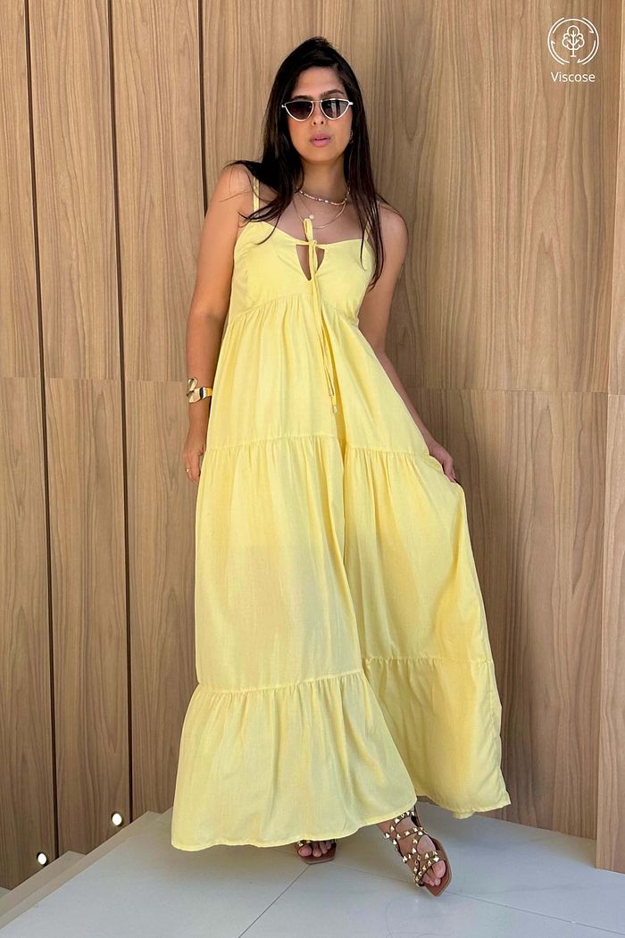 Vestido Longo de Alcas Viscose Luminar Amarelo Claro