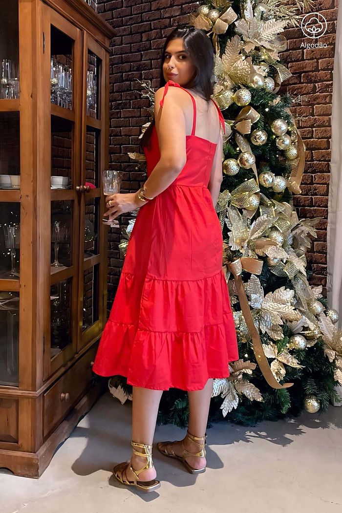 Vestido Midi Camadas De Alças Tricoline Algodão Athenas Vermelho