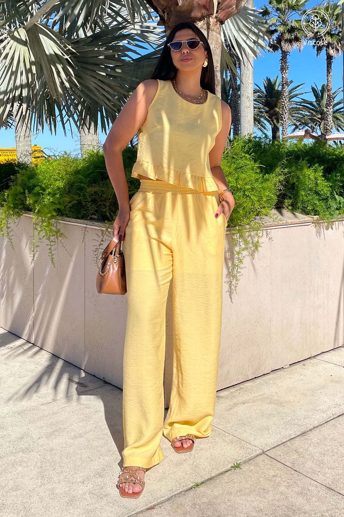 Conjunto Feminino Calca Blusa Savoi Viscose Amarelo Claro