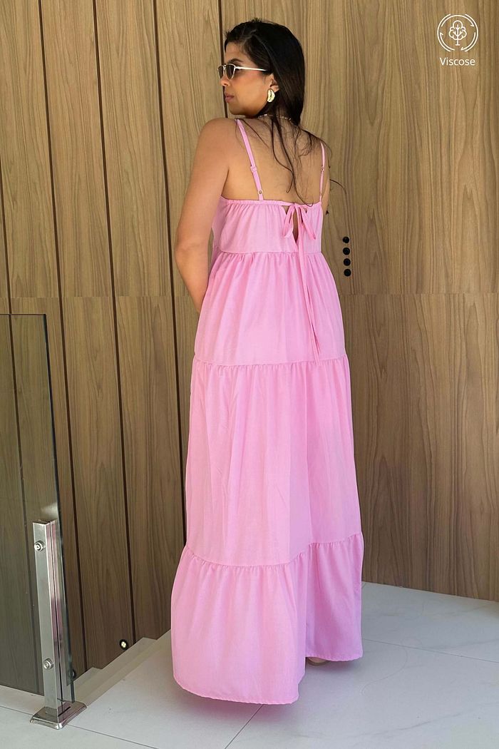 Vestido Longo de Alcas Viscose Luminar Rosa Claro