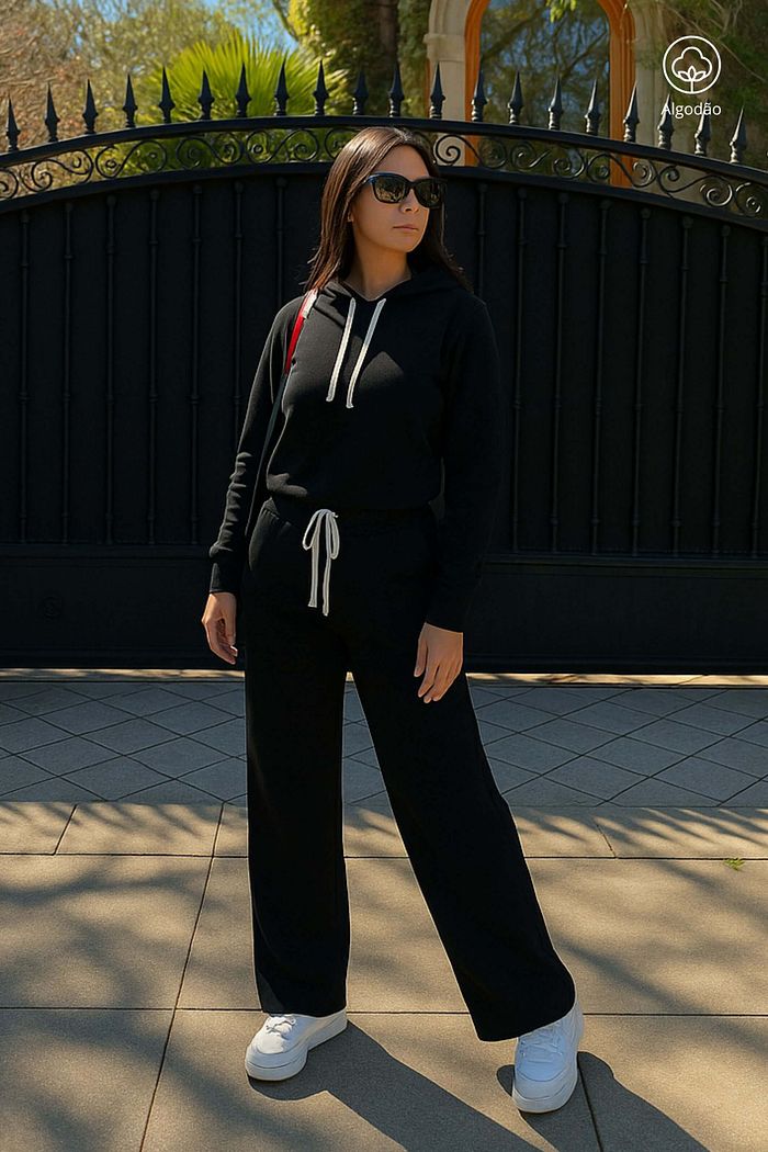 Conjunto Moletom Felpado Feminino Wood Capuz Wideleg Preto