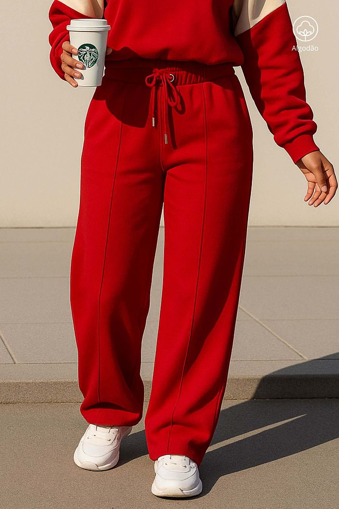 Calça Moletom Felpado Wideleg Feminino Bolsos Laterais Delta Vermelho