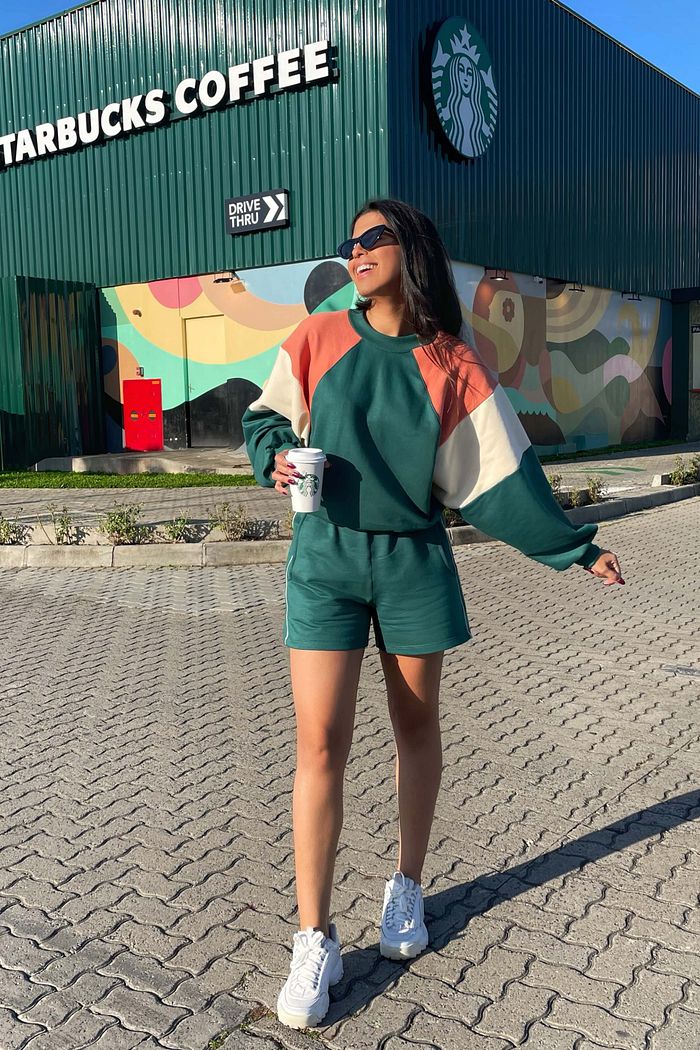 Conjunto Moletom Felpado Feminino Short Blusa Manga Longa Inverno Delta Verde