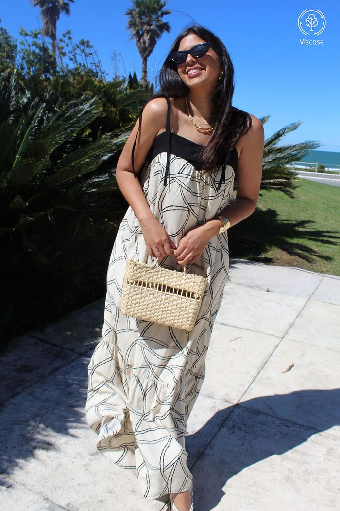 Vestido Longo de Alcas Amarracao Viscose Duo Abstrato Preto