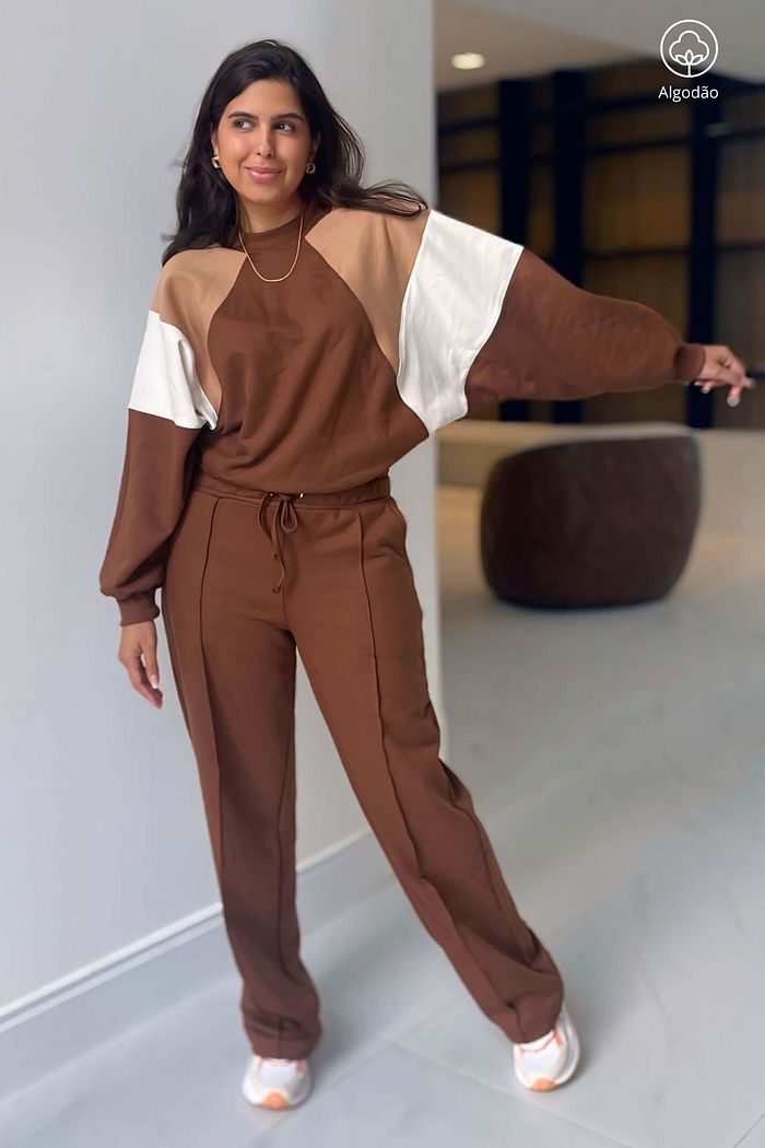 Conjunto Moletom Felpado Feminino Calca Blusa Manga Longa Delta Marrom
