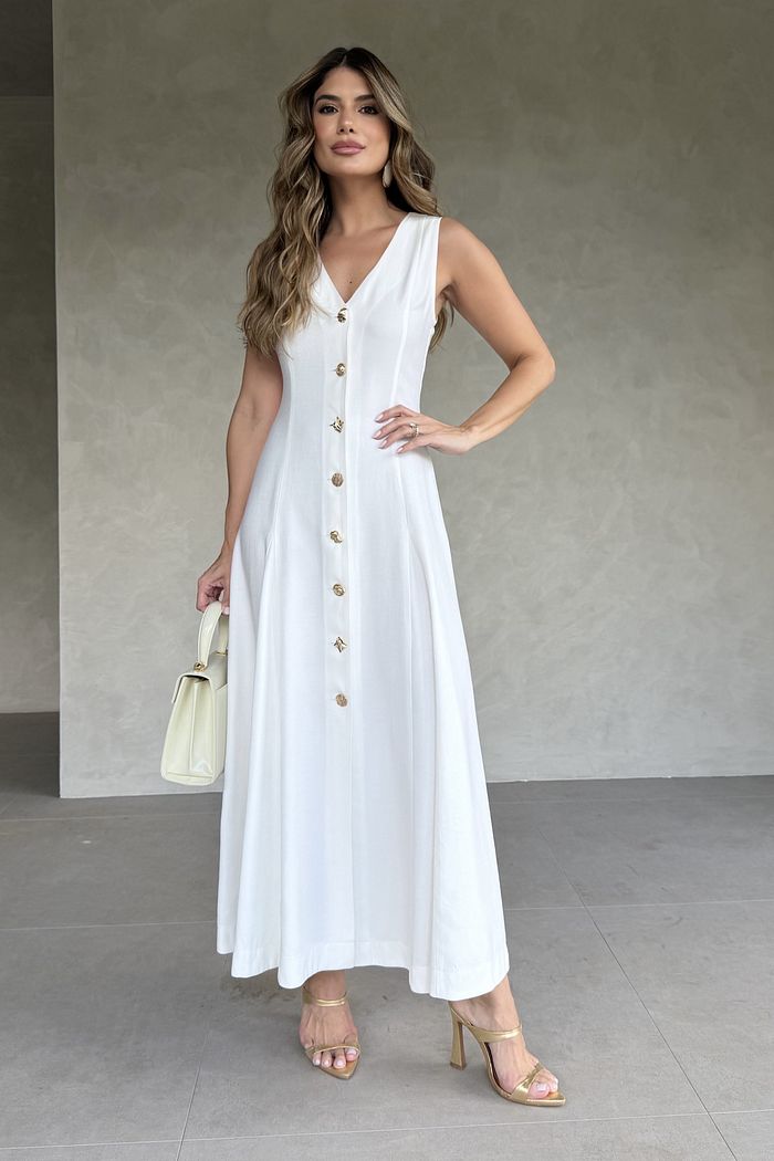 Vestido Alfaiataria Mista de Viscose Botões Dourados - Unique Chic