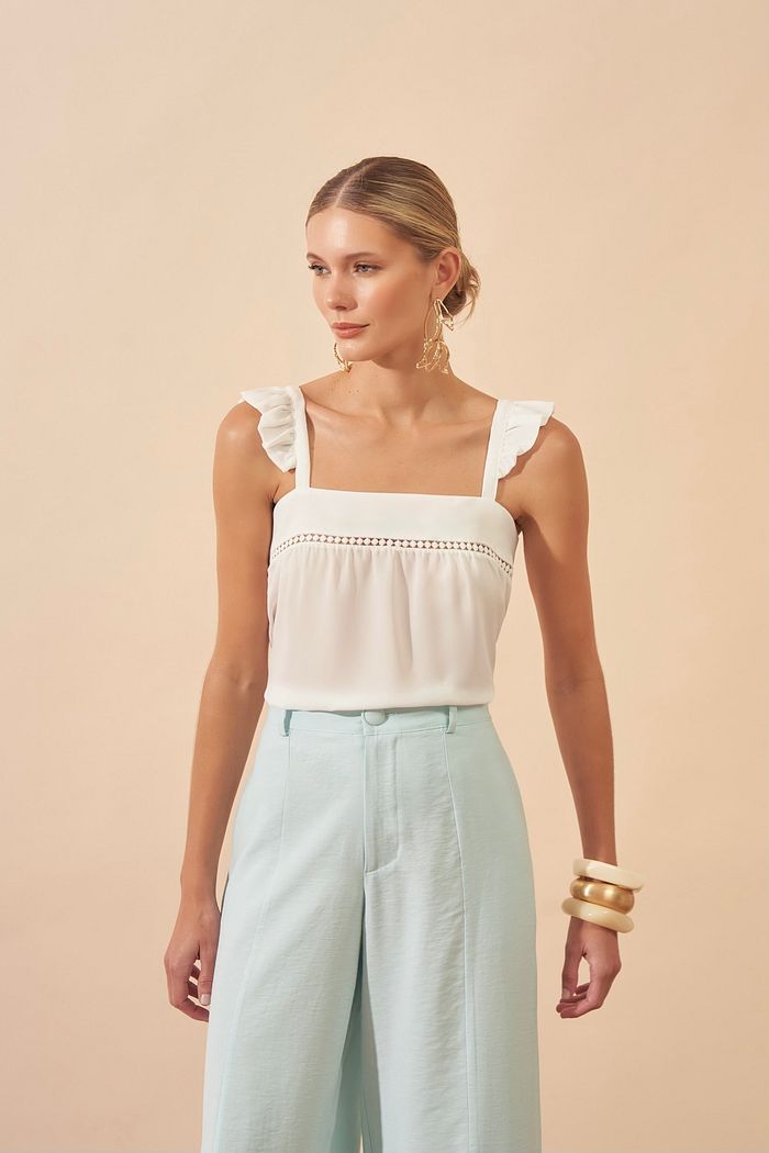 Blusa Crepe Decote Quadrado Com Renda - Milalai