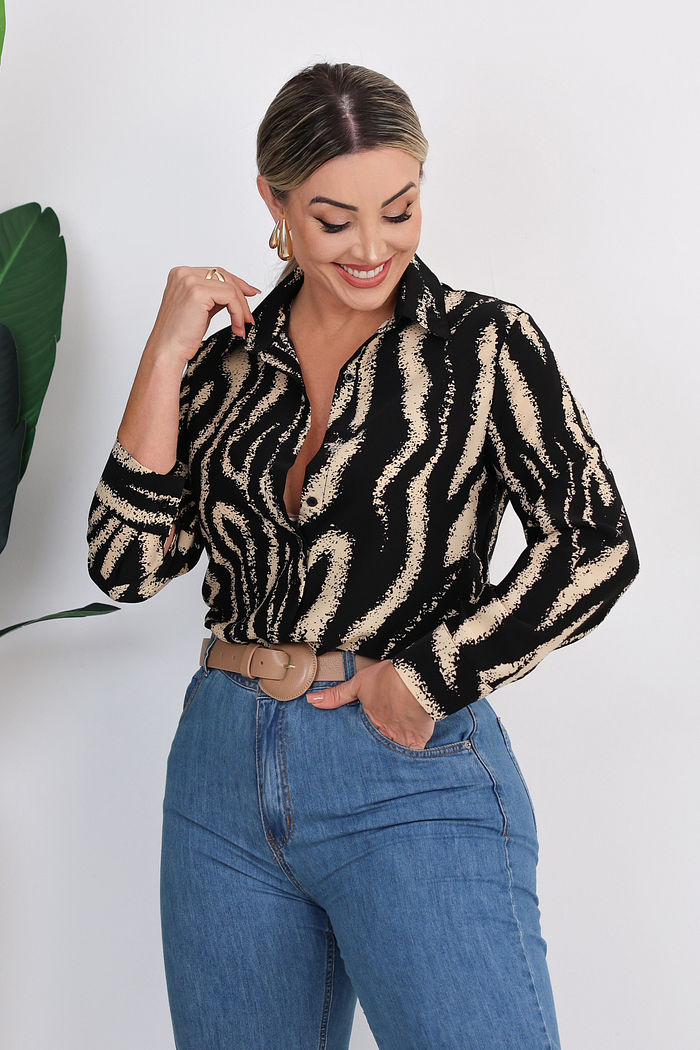 CAMISA MANGA LONGA ELOÁ - PRETO C/ BEGE