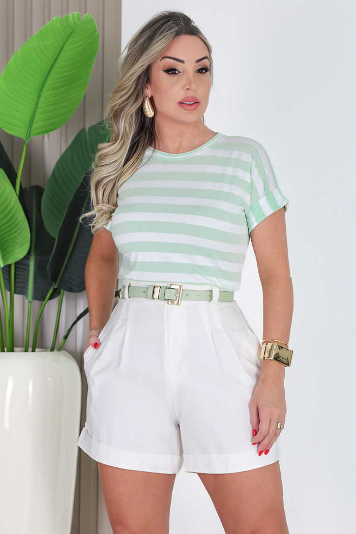 T-SHIRT MANGA CURTA SONIA - LISTRAS VERDE ÁGUA