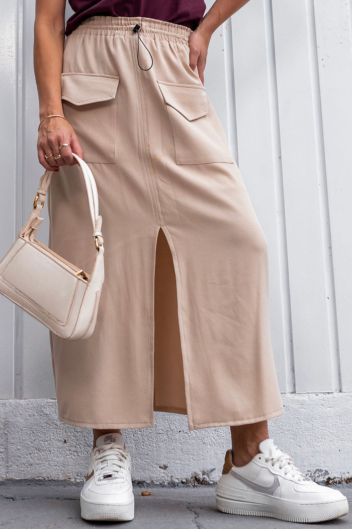 Saia Midi Bolsos Fenda Frontal Bege