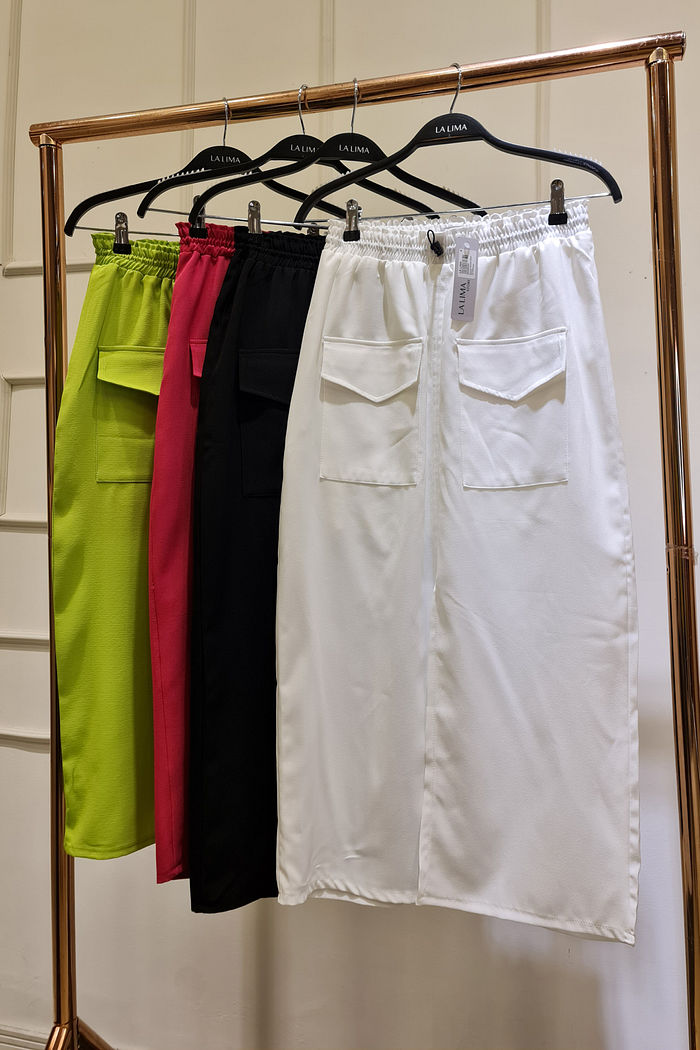 Saia Midi Bolsos Fenda Frontal Cores