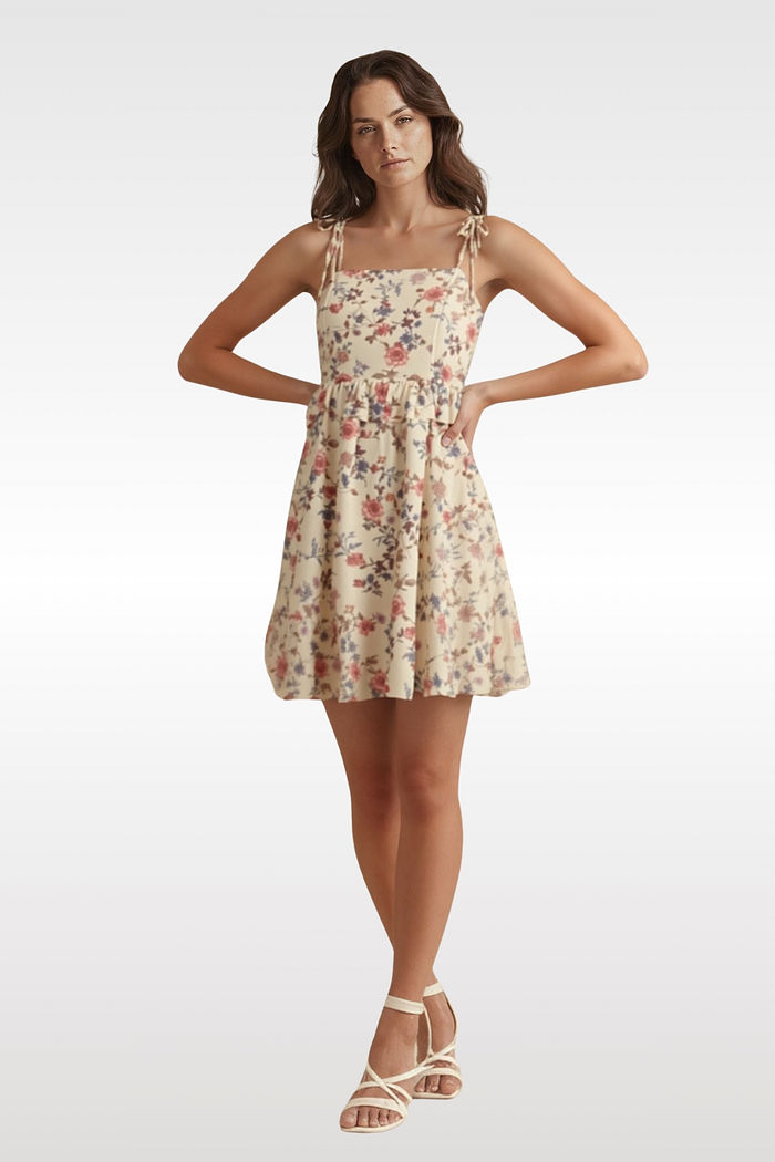 Vestido de Tule Floral e Alças para Amarração 2 Cores