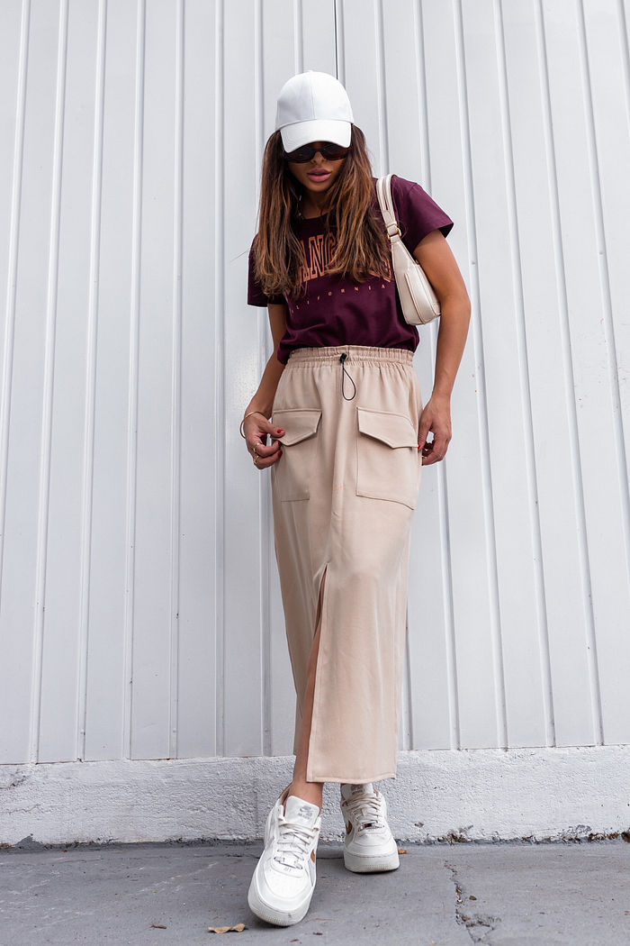 Saia Midi Bolsos Fenda Frontal Bege