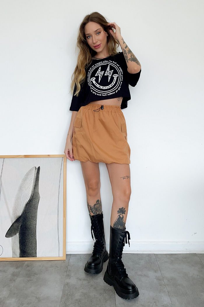 Saia Parachute Balonê Tricoline Caramelo