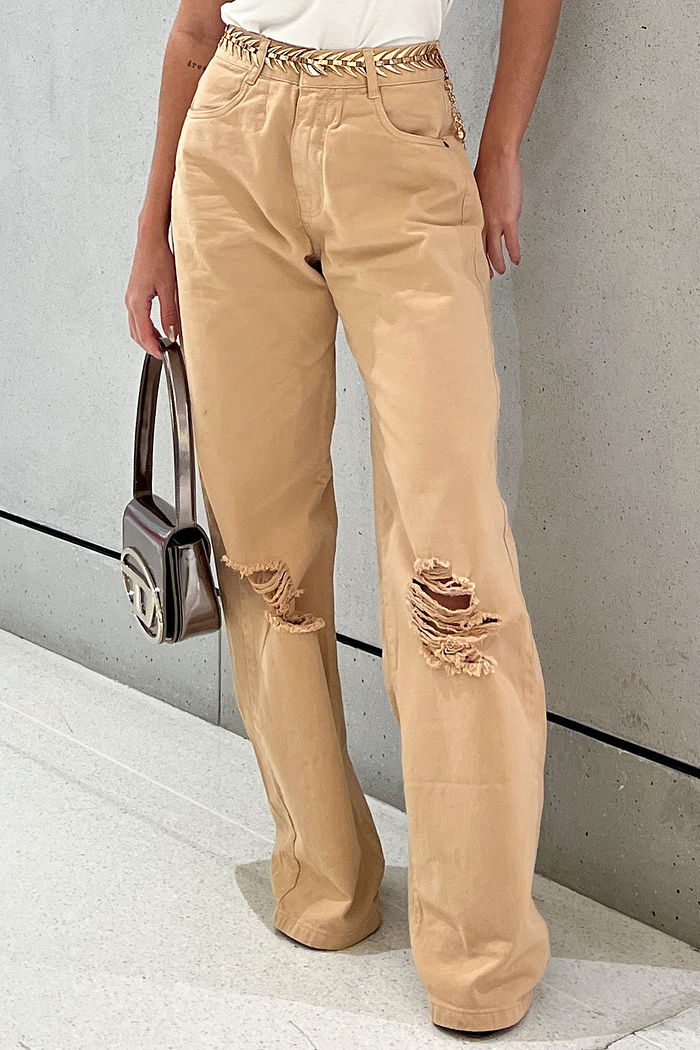 Calça Jeans Wideleg Destroyed Bege