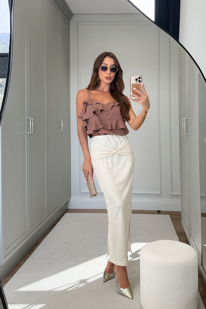 Saia Midi de Tule com Fendas Laterais e Detalhe Torcido 2 Cores