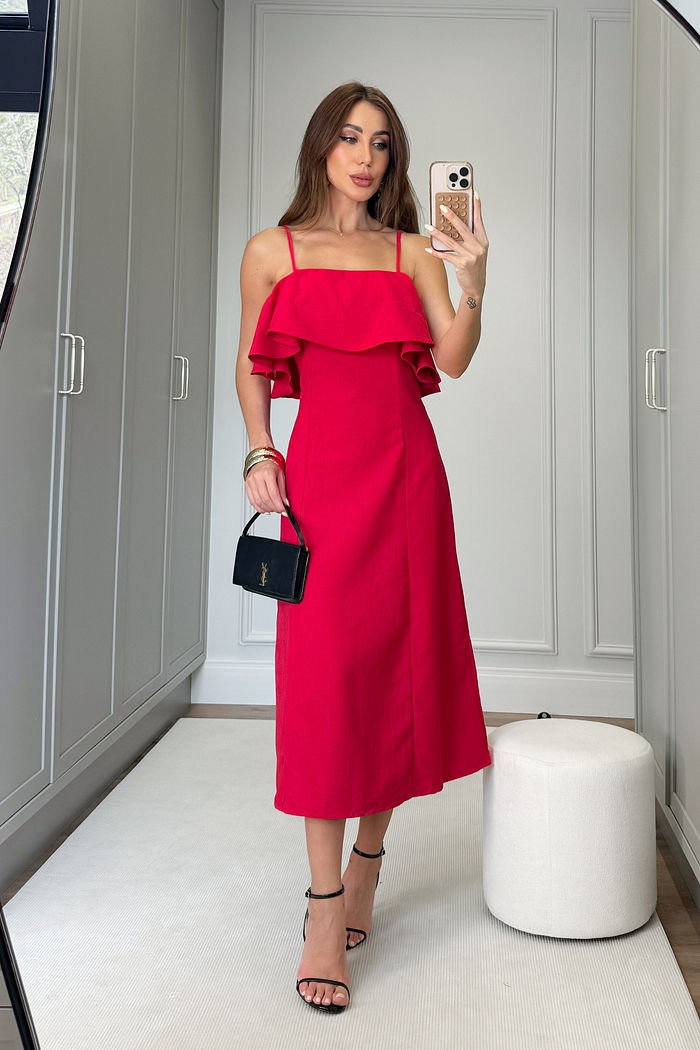 Vestido Midi Babado Acinturado 2 Cores