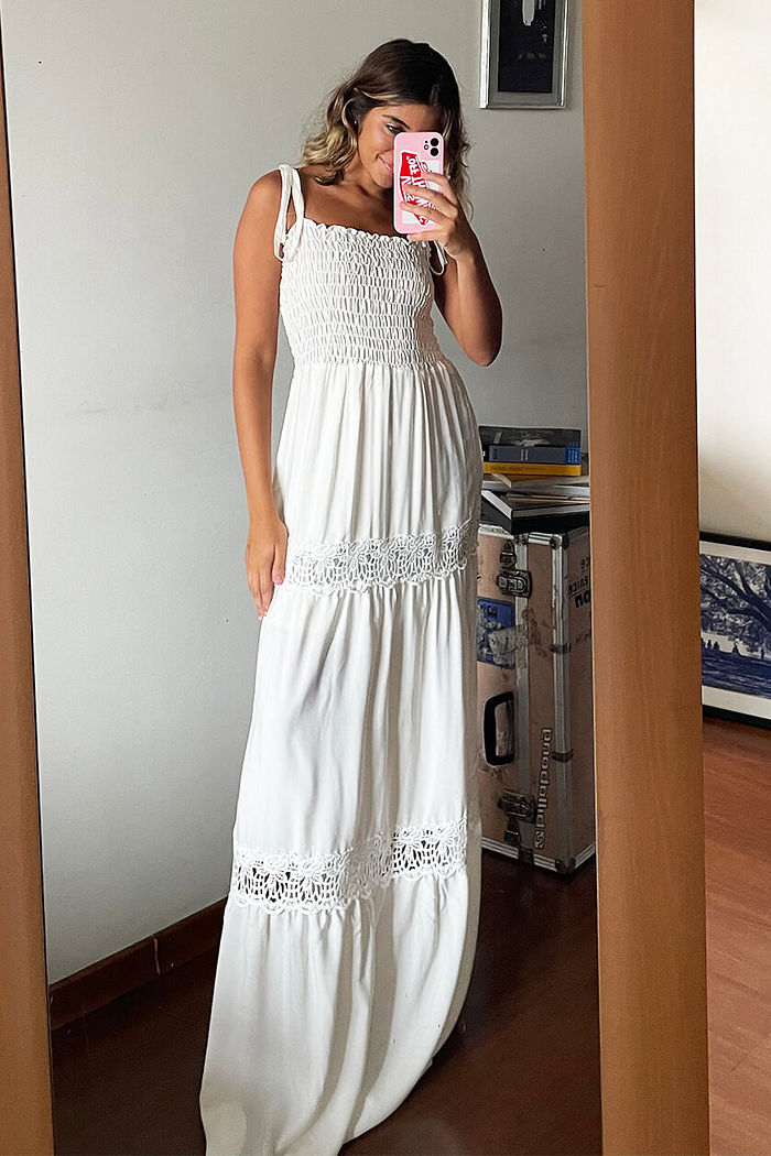 Vestido Lastex Longo Renda Off White