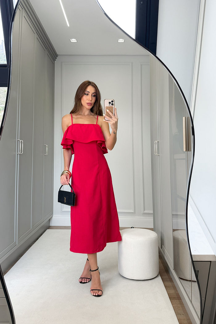 Vestido Midi Babado Acinturado 2 Cores