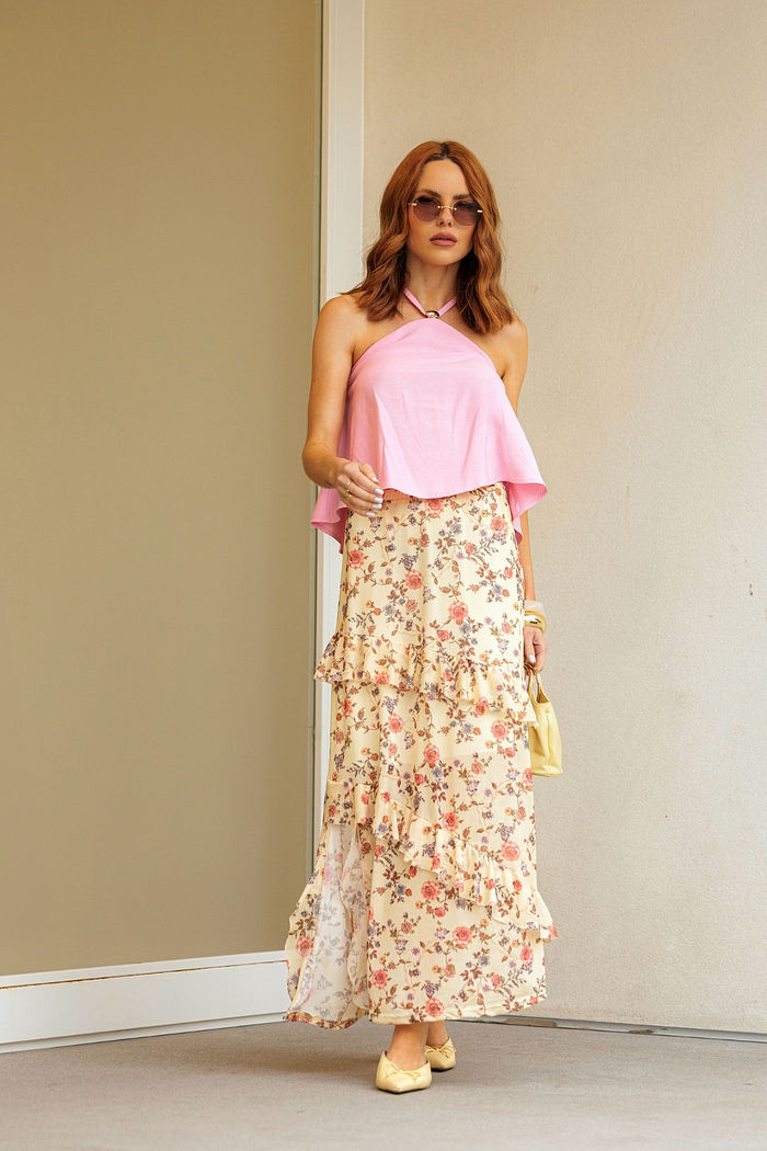 Saia Longa de Tule Floral com Babados Assimétricos 2 Cores