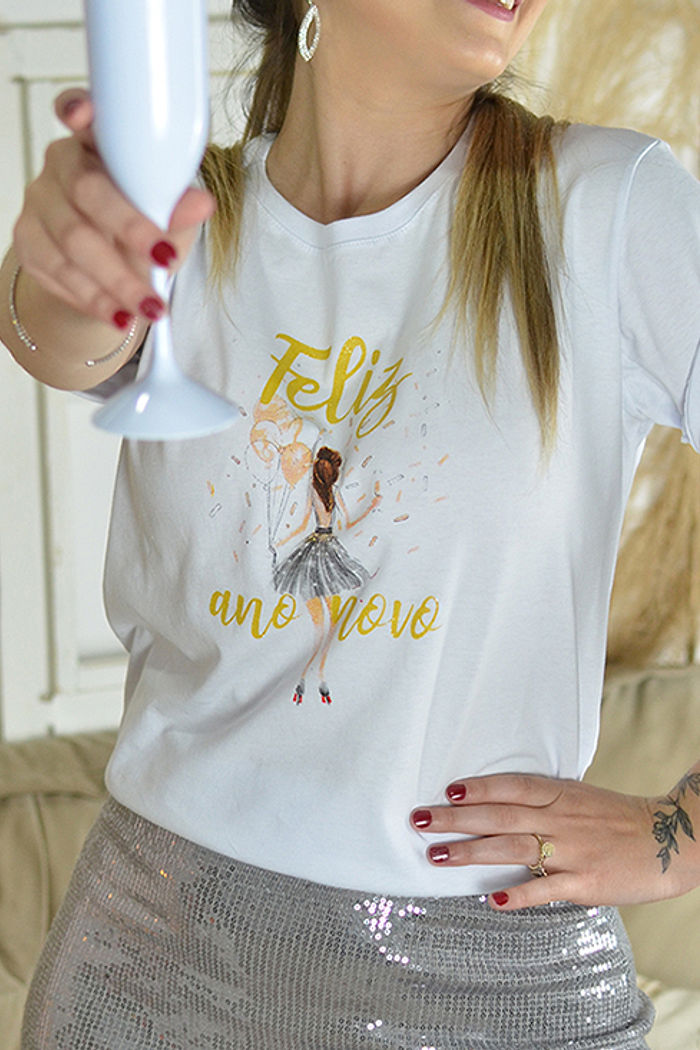 T-Shirt Feliz Ano Novo Menina Balão - Branco