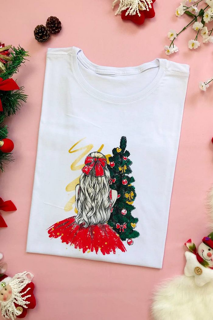 T-Shirt Menina laço Natal - Branco