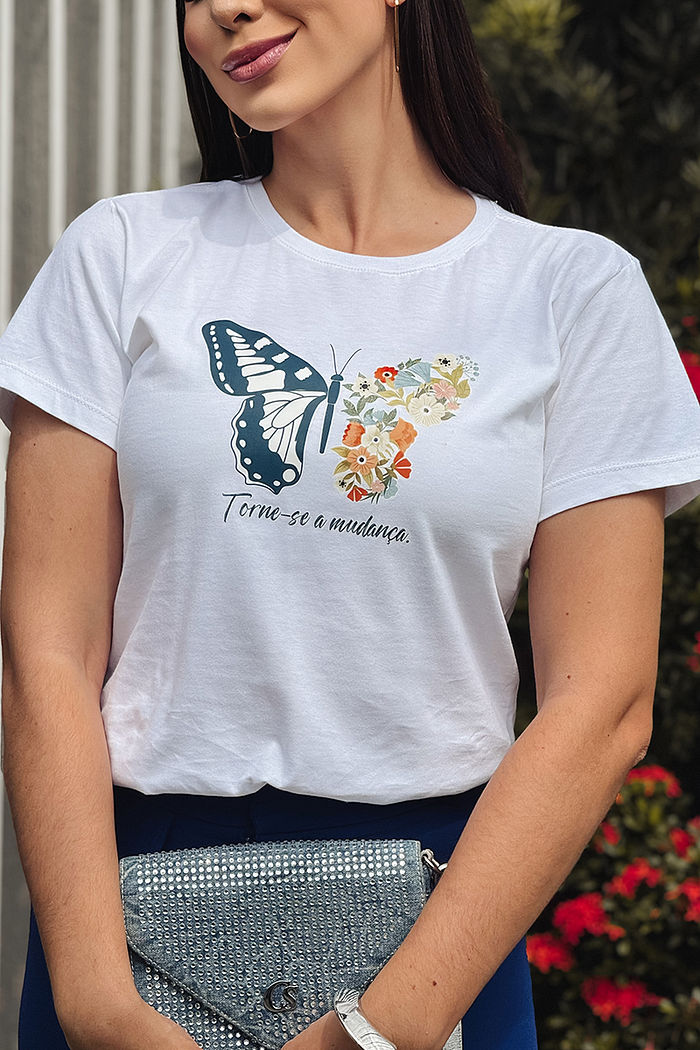 T-Shirt Borboleta flores - Torne-se a mudança DTF - Branco