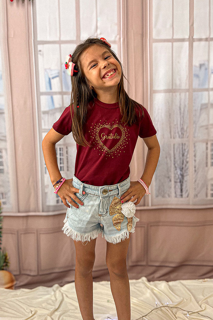 T-Shirt Infantil Coração Gratidão DTF - Borgonha